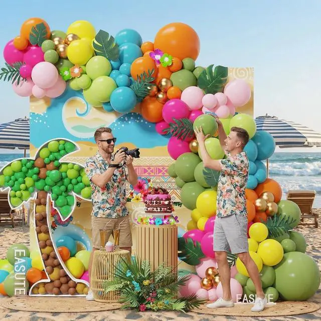Alt view image 7 of 7 - 145Pcs Tropical Hawaiian Balloon Arch Kit, Pink Orange Blue Green Balloons with Palm Leaves, Summer Aloha Beach Pool Birthday Luau Party Decorations Supplies