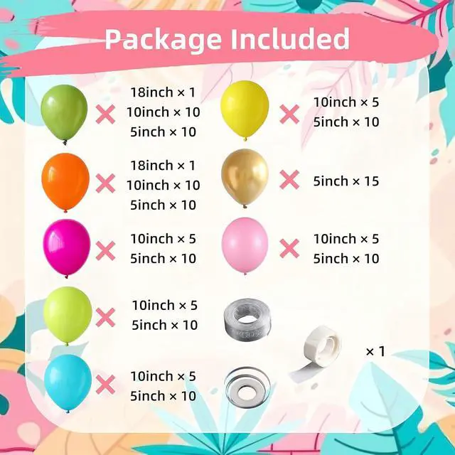 Alt view image 2 of 7 - 145Pcs Tropical Hawaiian Balloon Arch Kit, Pink Orange Blue Green Balloons with Palm Leaves, Summer Aloha Beach Pool Birthday Luau Party Decorations Supplies