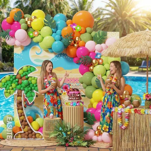 Alt view image 6 of 7 - 145Pcs Tropical Hawaiian Balloon Arch Kit, Pink Orange Blue Green Balloons with Palm Leaves, Summer Aloha Beach Pool Birthday Luau Party Decorations Supplies