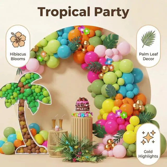 Alt view image 4 of 7 - 145Pcs Tropical Hawaiian Balloon Arch Kit, Pink Orange Blue Green Balloons with Palm Leaves, Summer Aloha Beach Pool Birthday Luau Party Decorations Supplies