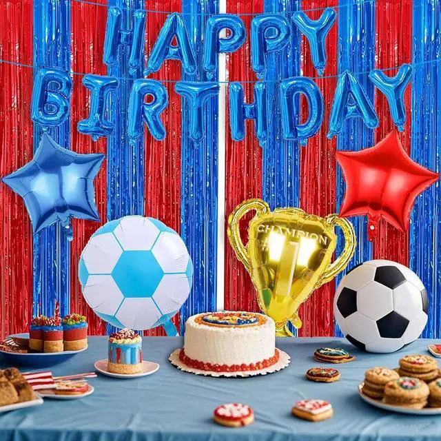 Main image of Soccer Theme Birthday Party Supplies Include Fringe Curtains Tinsel, Balloons Banner, Soccer Theme Birthday Decorations