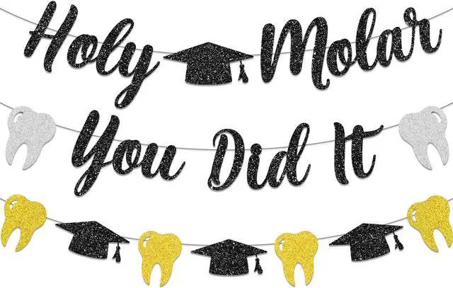Main image of Dental Hygiene Graduation Decorations, NO-DIY Holy Molar You Did It Banner Dental Decorations Garland, Black Sliver Gold Glitter Tooth Party Decorations Dental Hygiene School Supplies for Party