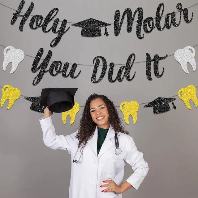 Alt view image 2 of 7 - Dental Hygiene Graduation Decorations, NO-DIY Holy Molar You Did It Banner Dental Decorations Garland, Black Sliver Gold Glitter Tooth Party Decorations Dental Hygiene School Supplies for Party