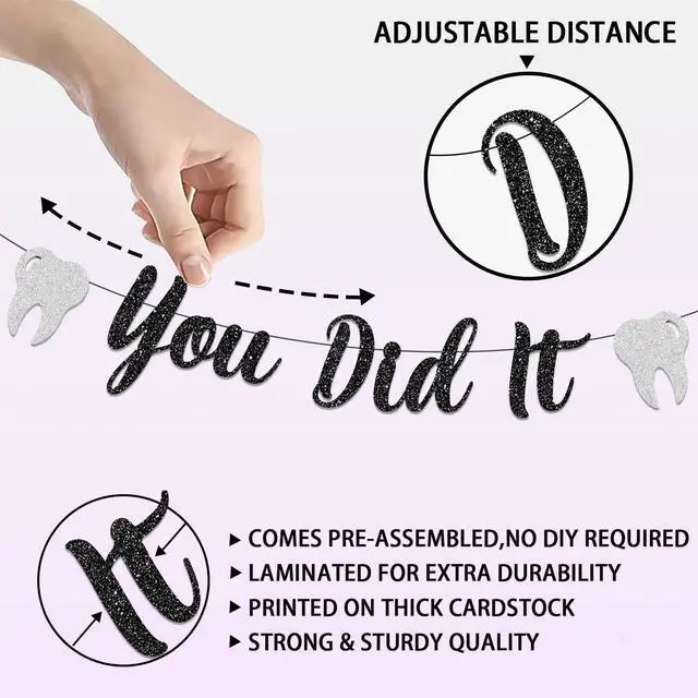 Alt view image 5 of 7 - Dental Hygiene Graduation Decorations, NO-DIY Holy Molar You Did It Banner Dental Decorations Garland, Black Sliver Gold Glitter Tooth Party Decorations Dental Hygiene School Supplies for Party