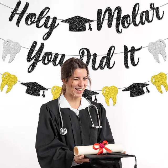 Alt view image 3 of 7 - Dental Hygiene Graduation Decorations, NO-DIY Holy Molar You Did It Banner Dental Decorations Garland, Black Sliver Gold Glitter Tooth Party Decorations Dental Hygiene School Supplies for Party