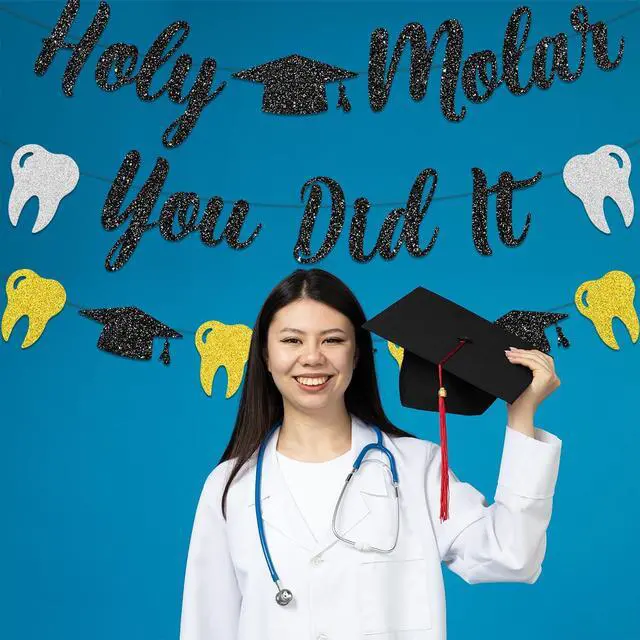 Alt view image 7 of 7 - Dental Hygiene Graduation Decorations, NO-DIY Holy Molar You Did It Banner Dental Decorations Garland, Black Sliver Gold Glitter Tooth Party Decorations Dental Hygiene School Supplies for Party