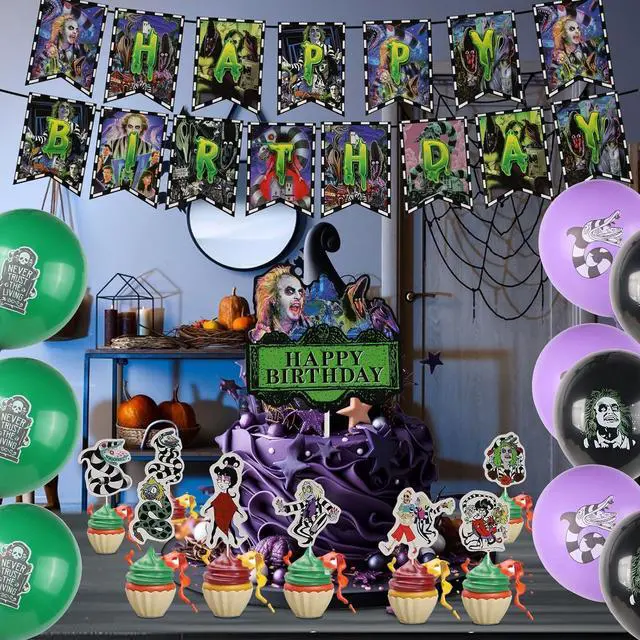 Alt view image 4 of 7 - Horror Birthday Party Decorations, Halloween Birthday Party Supplies Decorations Set Include Banner, Balloons, Cake Toppers and Cupcake Toppers for Home Classroom Decor