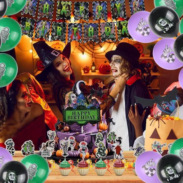 Alt view image 7 of 7 - Horror Birthday Party Decorations, Halloween Birthday Party Supplies Decorations Set Include Banner, Balloons, Cake Toppers and Cupcake Toppers for Home Classroom Decor