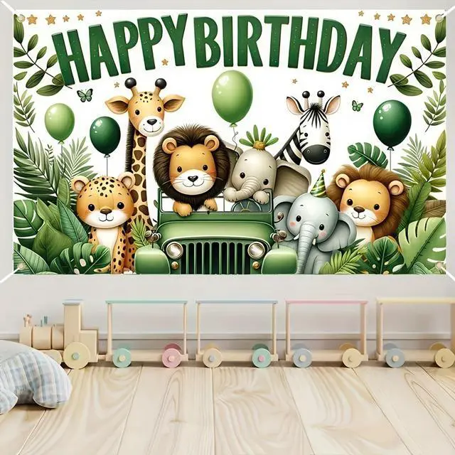 Alt view image 3 of 5 - HOMETITUTE Jungle Animal Birthday Banner Decrations 71x43 Inch Happy Birthday Theme Banner Cartoon Safari Adventure Party Backdrop for Kids Safari Theme Party Decoration Supplies Banners
