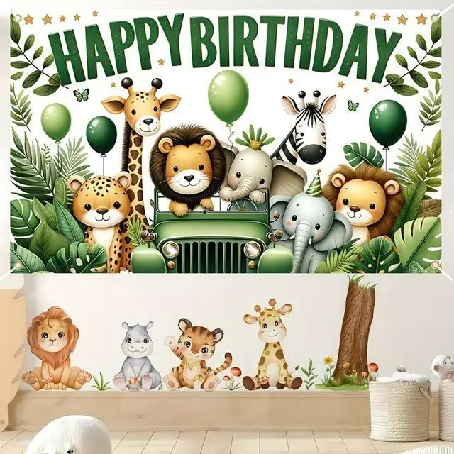 Alt view image 4 of 5 - HOMETITUTE Jungle Animal Birthday Banner Decrations 71x43 Inch Happy Birthday Theme Banner Cartoon Safari Adventure Party Backdrop for Kids Safari Theme Party Decoration Supplies Banners