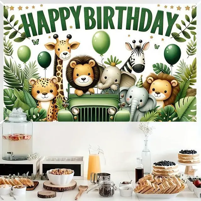Alt view image 2 of 5 - HOMETITUTE Jungle Animal Birthday Banner Decrations 71x43 Inch Happy Birthday Theme Banner Cartoon Safari Adventure Party Backdrop for Kids Safari Theme Party Decoration Supplies Banners