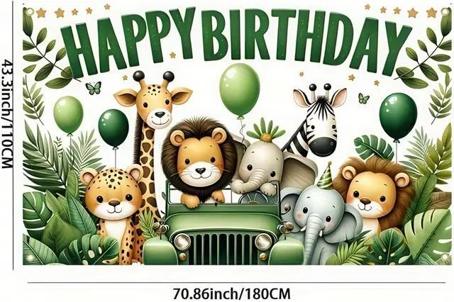 Alt view image 5 of 5 - HOMETITUTE Jungle Animal Birthday Banner Decrations 71x43 Inch Happy Birthday Theme Banner Cartoon Safari Adventure Party Backdrop for Kids Safari Theme Party Decoration Supplies Banners