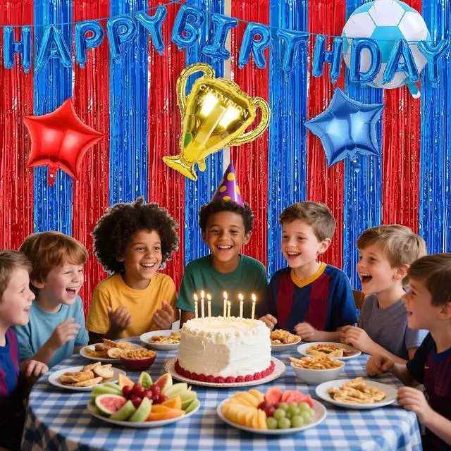 Alt view image 6 of 7 - Soccer Theme Birthday Party Supplies Include Fringe Curtains Tinsel, Balloons Banner, Soccer Theme Birthday Decorations