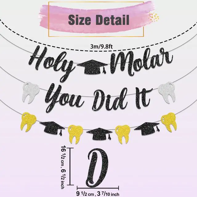 Alt view image 4 of 7 - Dental Hygiene Graduation Decorations, NO-DIY Holy Molar You Did It Banner Dental Decorations Garland, Black Sliver Gold Glitter Tooth Party Decorations Dental Hygiene School Supplies for Party
