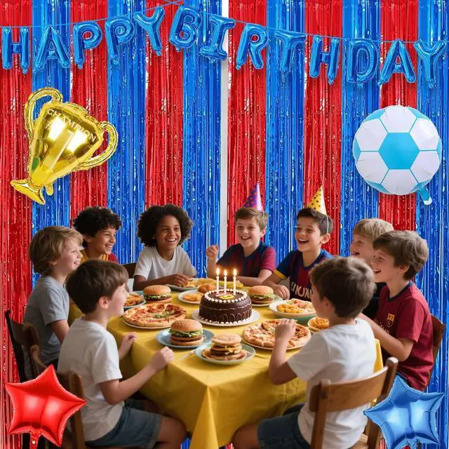 Alt view image 7 of 7 - Soccer Theme Birthday Party Supplies Include Fringe Curtains Tinsel, Balloons Banner, Soccer Theme Birthday Decorations