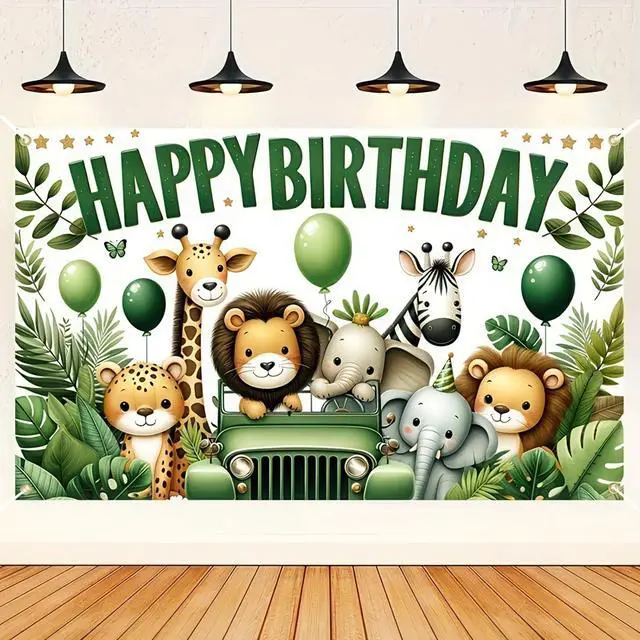 Main image of HOMETITUTE Jungle Animal Birthday Banner Decrations 71x43 Inch Happy Birthday Theme Banner Cartoon Safari Adventure Party Backdrop for Kids Safari Theme Party Decoration Supplies Banners