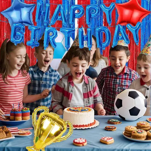 Alt view image 5 of 7 - Soccer Theme Birthday Party Supplies Include Fringe Curtains Tinsel, Balloons Banner, Soccer Theme Birthday Decorations