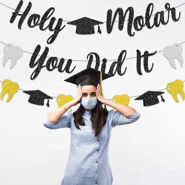 Alt view image 6 of 7 - Dental Hygiene Graduation Decorations, NO-DIY Holy Molar You Did It Banner Dental Decorations Garland, Black Sliver Gold Glitter Tooth Party Decorations Dental Hygiene School Supplies for Party