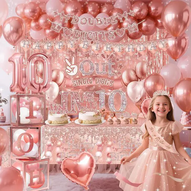 Main image of 10th Birthday Decorations,Double Digits Bday Decor Peace Out Single Digits Backdrop Banner Glitter Cake Topper Tablecloth Balloons Sash Crown Boxes For Rose Gold 10th Girls Pink Bday Party Supplies