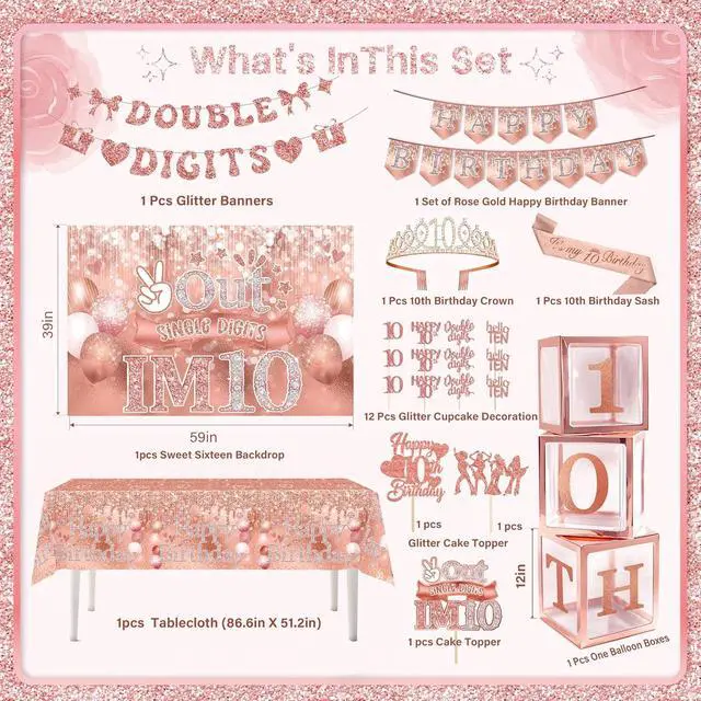 Alt view image 2 of 5 - 10th Birthday Decorations,Double Digits Bday Decor Peace Out Single Digits Backdrop Banner Glitter Cake Topper Tablecloth Balloons Sash Crown Boxes For Rose Gold 10th Girls Pink Bday Party Supplies