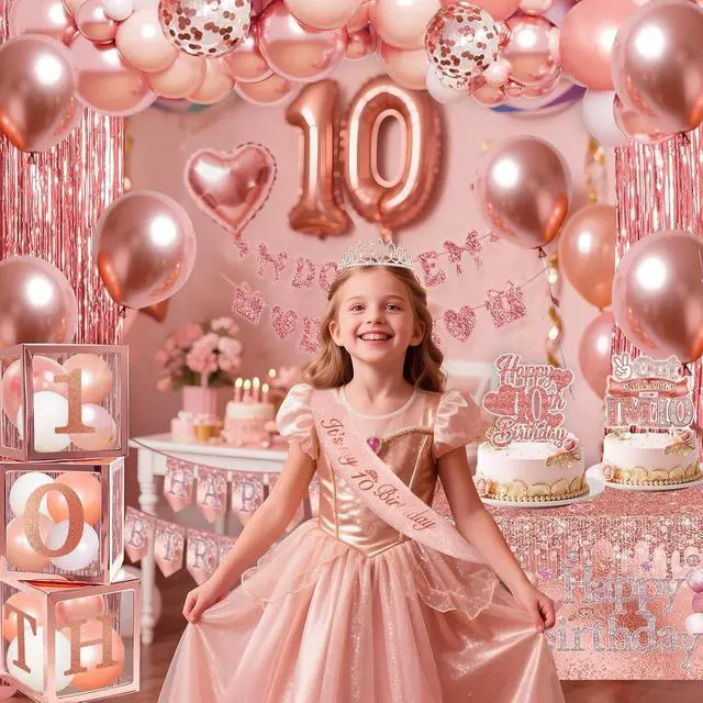 Alt view image 4 of 5 - 10th Birthday Decorations,Double Digits Bday Decor Peace Out Single Digits Backdrop Banner Glitter Cake Topper Tablecloth Balloons Sash Crown Boxes For Rose Gold 10th Girls Pink Bday Party Supplies