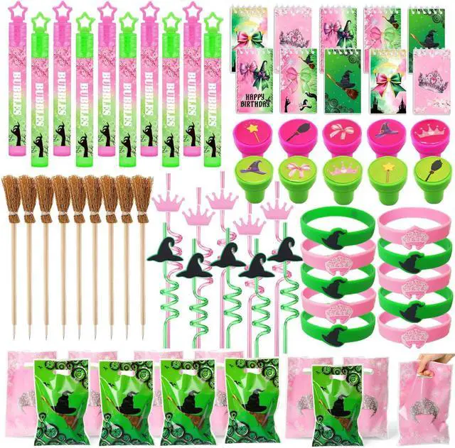 Main image of Pink and Green Party Favor Decorations 70Pcs Bubbles Notebooks Stamps Broom Pencils Plastic Straws Goodie Bags Wristbands for Birthday Theme Decor Gift Supplies