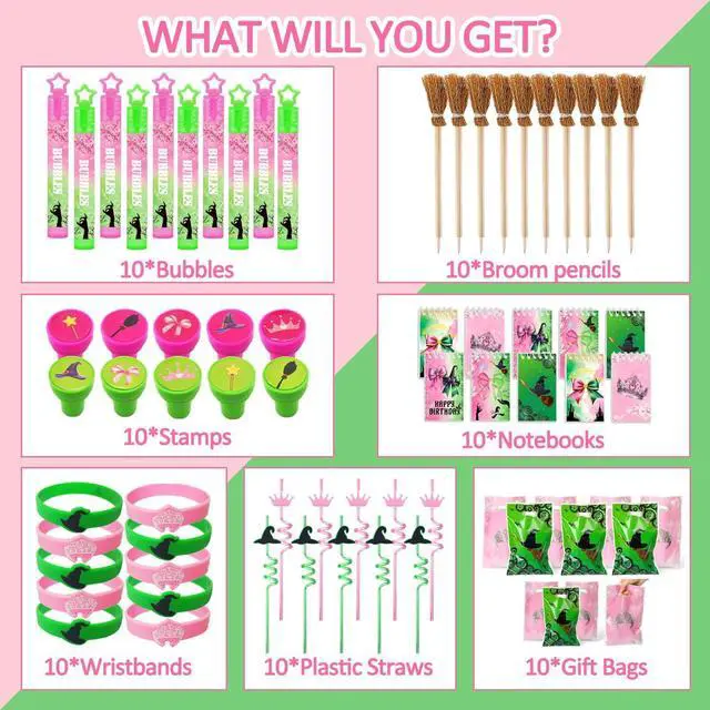 Alt view image 2 of 7 - Pink and Green Party Favor Decorations 70Pcs Bubbles Notebooks Stamps Broom Pencils Plastic Straws Goodie Bags Wristbands for Birthday Theme Decor Gift Supplies