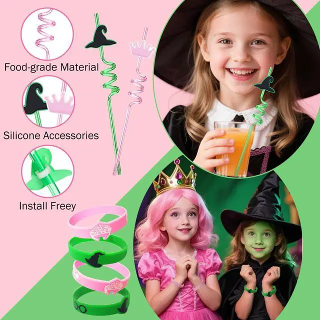 Alt view image 3 of 7 - Pink and Green Party Favor Decorations 70Pcs Bubbles Notebooks Stamps Broom Pencils Plastic Straws Goodie Bags Wristbands for Birthday Theme Decor Gift Supplies
