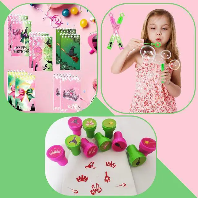 Alt view image 6 of 7 - Pink and Green Party Favor Decorations 70Pcs Bubbles Notebooks Stamps Broom Pencils Plastic Straws Goodie Bags Wristbands for Birthday Theme Decor Gift Supplies