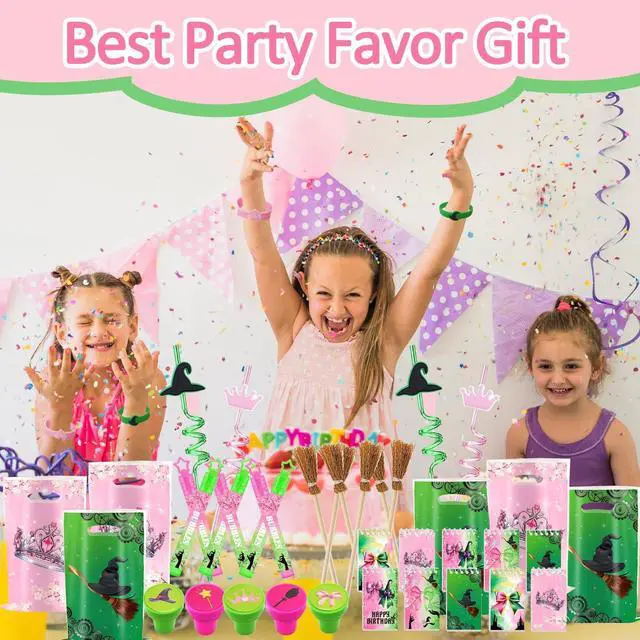 Alt view image 7 of 7 - Pink and Green Party Favor Decorations 70Pcs Bubbles Notebooks Stamps Broom Pencils Plastic Straws Goodie Bags Wristbands for Birthday Theme Decor Gift Supplies