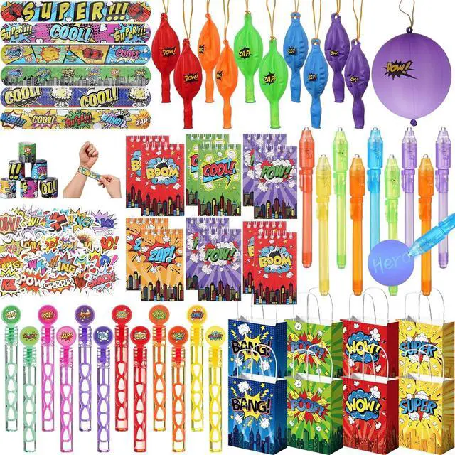 Main image of Vanblue 122 Pcs Hero Party Favors Birthday Party Decorations,Slap Bracelets,Stickers and Gift Bags Goodie Bag Stuffers Classroom Rewards Piñata Fillers for Kids Boys Theme Party Supplies