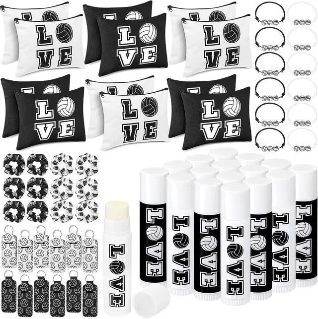 Main image of 60 Pcs Volleyball Team Gifts 12 Cosmetic Makeup Bags 12 Hair Scrunchies 12 Charm Bracelet 12 Lip Balm 12 Lipstick Holder Keychain Volleyball Party Favors Supplies (Black)