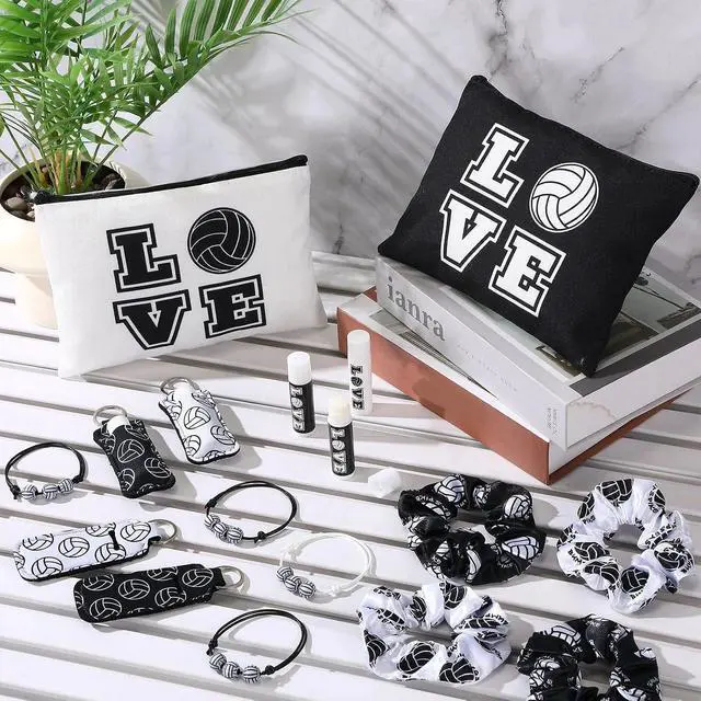 Alt view image 2 of 7 - 60 Pcs Volleyball Team Gifts 12 Cosmetic Makeup Bags 12 Hair Scrunchies 12 Charm Bracelet 12 Lip Balm 12 Lipstick Holder Keychain Volleyball Party Favors Supplies (Black)