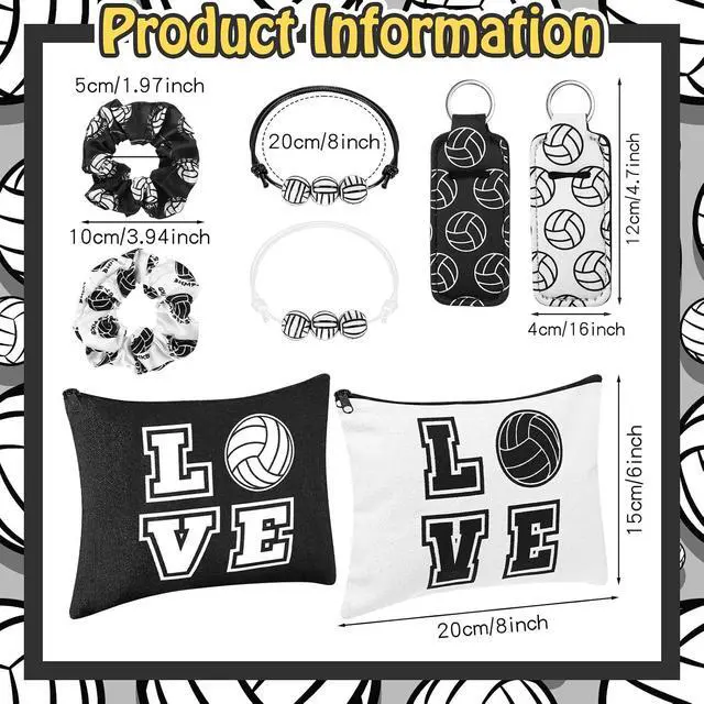 Alt view image 3 of 7 - 60 Pcs Volleyball Team Gifts 12 Cosmetic Makeup Bags 12 Hair Scrunchies 12 Charm Bracelet 12 Lip Balm 12 Lipstick Holder Keychain Volleyball Party Favors Supplies (Black)