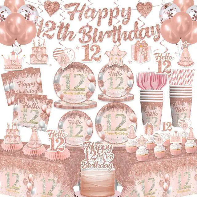 Main image of 201 Pcs 12th Birthday Decorations for Girls, Pre-assembled Happy 12th Birthday Banner Cake Topper Rose Gold Plates and Napkins Party Supplies with 2 Pcs 12 Birthday Tablecloth for 12 Year Old Girl