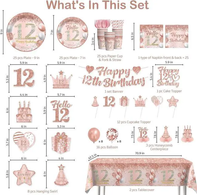 Alt view image 2 of 7 - 201 Pcs 12th Birthday Decorations for Girls, Pre-assembled Happy 12th Birthday Banner Cake Topper Rose Gold Plates and Napkins Party Supplies with 2 Pcs 12 Birthday Tablecloth for 12 Year Old Girl