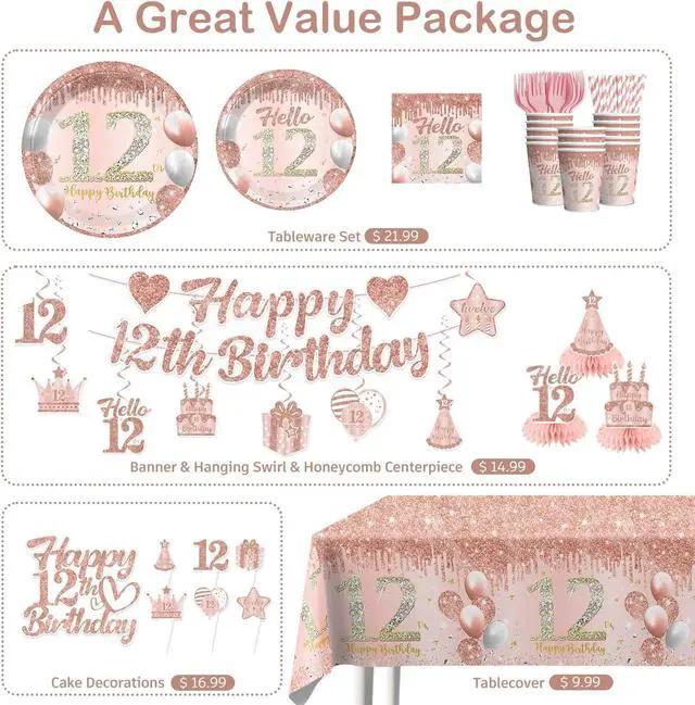 Alt view image 3 of 7 - 201 Pcs 12th Birthday Decorations for Girls, Pre-assembled Happy 12th Birthday Banner Cake Topper Rose Gold Plates and Napkins Party Supplies with 2 Pcs 12 Birthday Tablecloth for 12 Year Old Girl