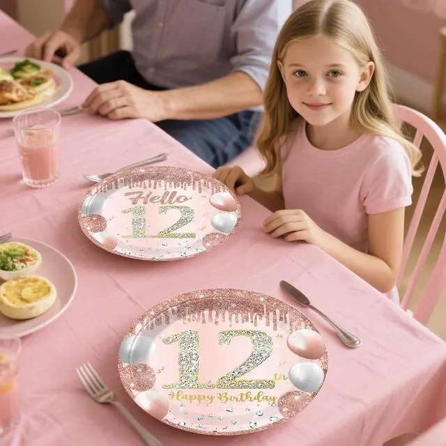 Alt view image 5 of 7 - 201 Pcs 12th Birthday Decorations for Girls, Pre-assembled Happy 12th Birthday Banner Cake Topper Rose Gold Plates and Napkins Party Supplies with 2 Pcs 12 Birthday Tablecloth for 12 Year Old Girl