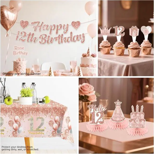 Alt view image 6 of 7 - 201 Pcs 12th Birthday Decorations for Girls, Pre-assembled Happy 12th Birthday Banner Cake Topper Rose Gold Plates and Napkins Party Supplies with 2 Pcs 12 Birthday Tablecloth for 12 Year Old Girl