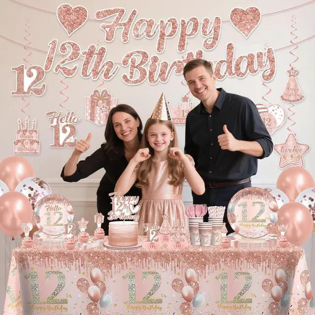 Alt view image 7 of 7 - 201 Pcs 12th Birthday Decorations for Girls, Pre-assembled Happy 12th Birthday Banner Cake Topper Rose Gold Plates and Napkins Party Supplies with 2 Pcs 12 Birthday Tablecloth for 12 Year Old Girl