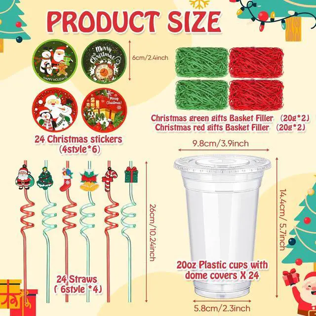Alt view image 2 of 7 - Vesici 124 Pcs Christmas Plastic Cups Bulk with Lids Straws Stickers Raffia Snowman Santa Claus Plastic Cups Xmas Disposable Clear Mugs Party Favor Holiday Birthday Wedding Party Supplies, 24 Sets