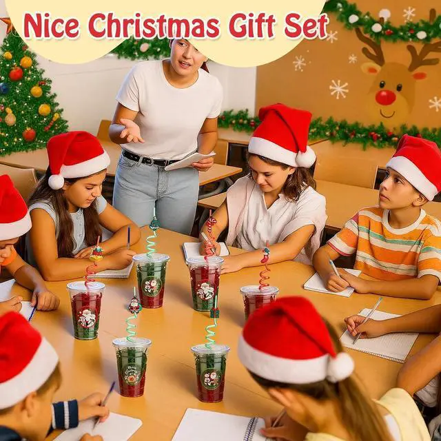 Alt view image 4 of 7 - Vesici 124 Pcs Christmas Plastic Cups Bulk with Lids Straws Stickers Raffia Snowman Santa Claus Plastic Cups Xmas Disposable Clear Mugs Party Favor Holiday Birthday Wedding Party Supplies, 24 Sets