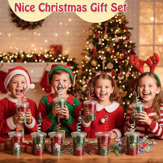 Alt view image 3 of 7 - Vesici 124 Pcs Christmas Plastic Cups Bulk with Lids Straws Stickers Raffia Snowman Santa Claus Plastic Cups Xmas Disposable Clear Mugs Party Favor Holiday Birthday Wedding Party Supplies, 24 Sets