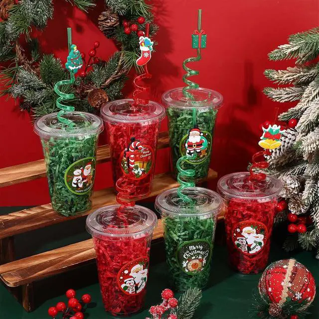 Alt view image 6 of 7 - Vesici 124 Pcs Christmas Plastic Cups Bulk with Lids Straws Stickers Raffia Snowman Santa Claus Plastic Cups Xmas Disposable Clear Mugs Party Favor Holiday Birthday Wedding Party Supplies, 24 Sets