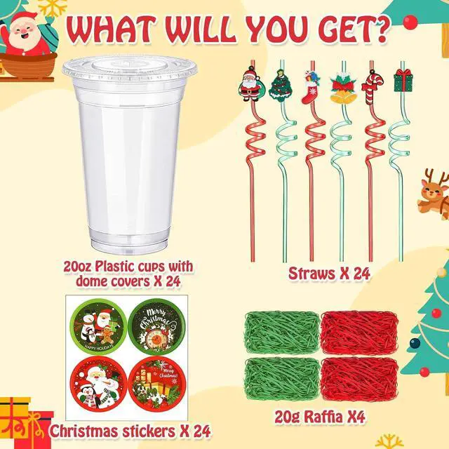 Alt view image 7 of 7 - Vesici 124 Pcs Christmas Plastic Cups Bulk with Lids Straws Stickers Raffia Snowman Santa Claus Plastic Cups Xmas Disposable Clear Mugs Party Favor Holiday Birthday Wedding Party Supplies, 24 Sets