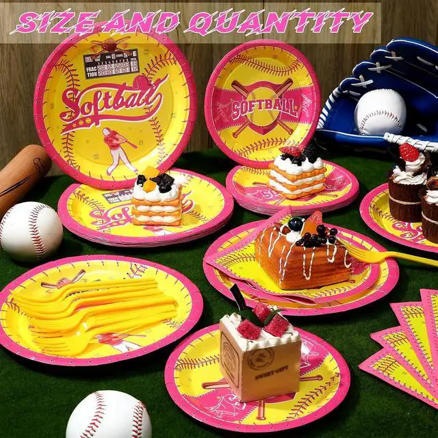 Alt view image 4 of 6 - 96 Pcs Softball Party Decorations for Girls Softball Party Tableware Supplies Pre-game Meal Plates Napkins Forks Set Birthday Disposable Sports Tableware Kit Women 24 Guests