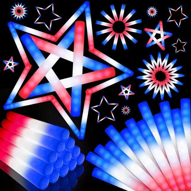 Main image of SHQDD 46 PCS 4th of July Foam Glow Stick Pack, Red White Blue Glow Sticks, July 4 Party Favors, Light up Party Supplies for Independence Day Celebrations,Glow in the Dark Accessories for Kids & Adults