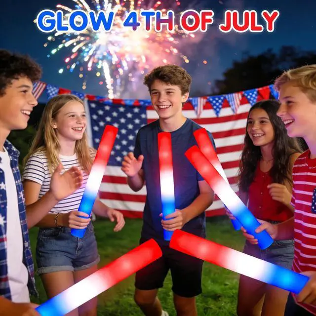 Alt view image 3 of 6 - SHQDD 46 PCS 4th of July Foam Glow Stick Pack, Red White Blue Glow Sticks, July 4 Party Favors, Light up Party Supplies for Independence Day Celebrations,Glow in the Dark Accessories for Kids & Adults