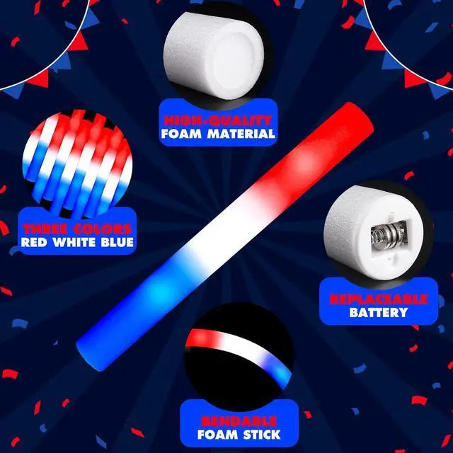 Alt view image 4 of 6 - SHQDD 46 PCS 4th of July Foam Glow Stick Pack, Red White Blue Glow Sticks, July 4 Party Favors, Light up Party Supplies for Independence Day Celebrations,Glow in the Dark Accessories for Kids & Adults