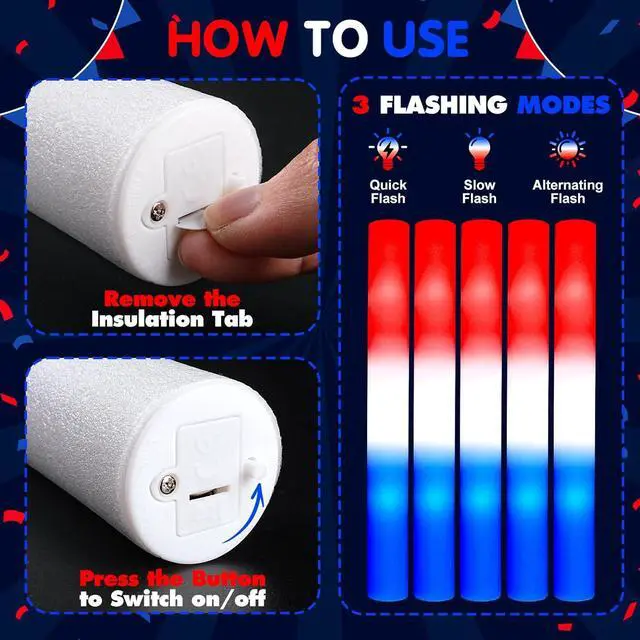 Alt view image 5 of 6 - SHQDD 46 PCS 4th of July Foam Glow Stick Pack, Red White Blue Glow Sticks, July 4 Party Favors, Light up Party Supplies for Independence Day Celebrations,Glow in the Dark Accessories for Kids & Adults